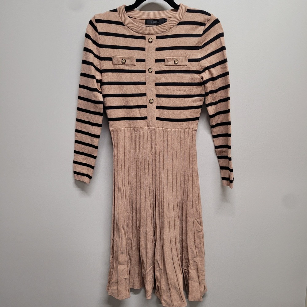 Zesica Womens Striped Ribbed Pleated Sweater Dress Tan Black Gold Button Small